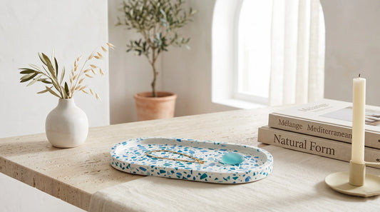 Handmade Jesmonite terrazzo catchall tray styled in a modern Mediterranean-inspired home