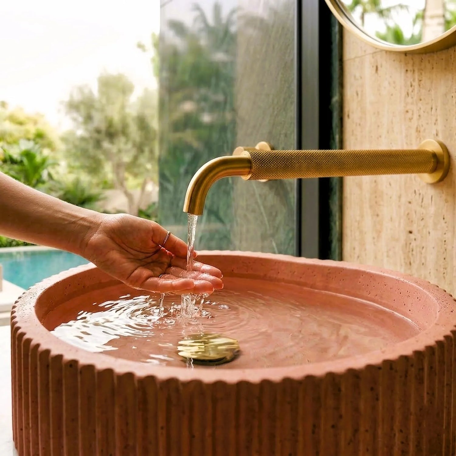 Stone vessel sink in a Mediterranean style bathroom with brass faucet, organic modern luxury bathroom design.