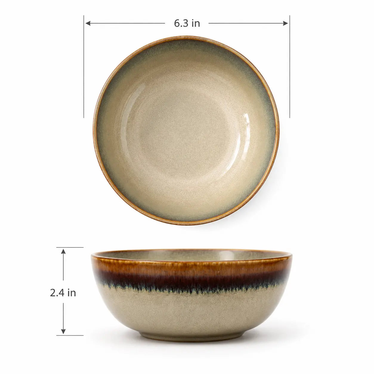 Beige ceramic matcha bowl dimensions showing 6.3 inch diameter and 2.4 inch height