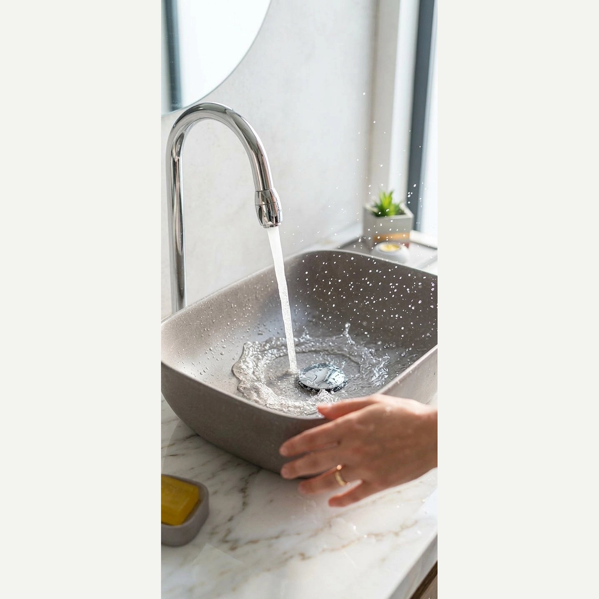 Handmade concrete vessel sink with running water stone composite rectangular bathroom sink