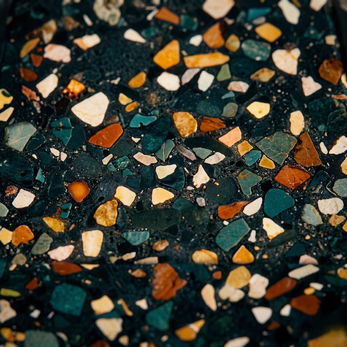 dark green terrazzo concrete texture close up with multicolor stone aggregate modern terrazzo material surface