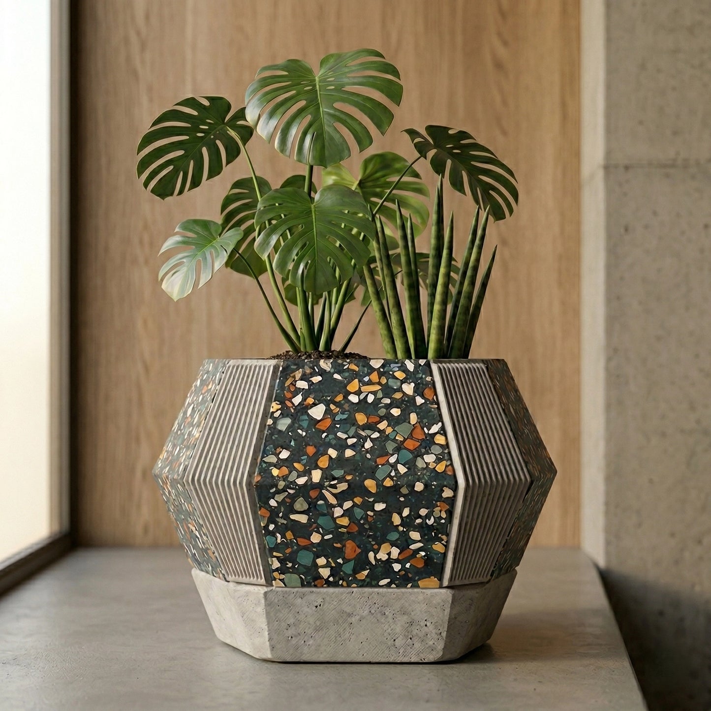 large geometric terrazzo concrete planter for indoor plants modern minimalist home decor sculptural cement plant pot