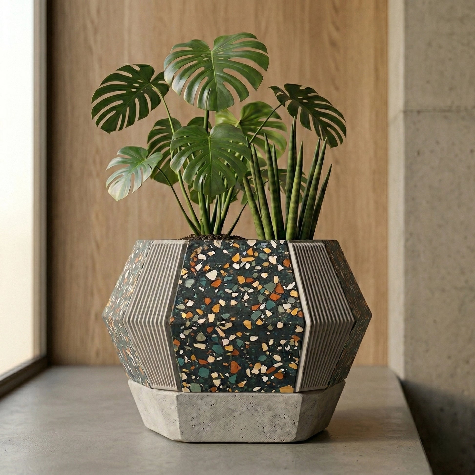 large geometric terrazzo concrete planter for indoor plants modern minimalist home decor sculptural cement plant pot