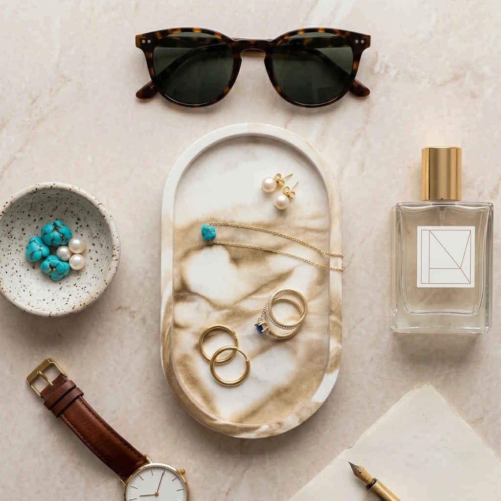 Marble-look oval jewelry tray styled with rings, necklace, sunglasses and perfume