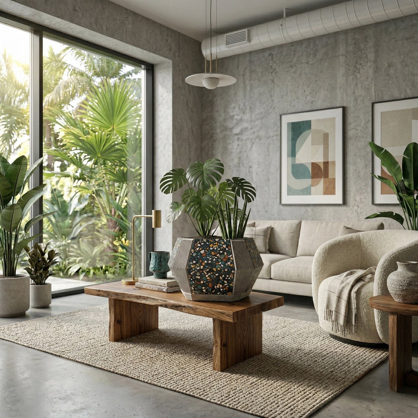 modern terrazzo concrete planter in living room interior indoor planter home decor minimalist living room decor