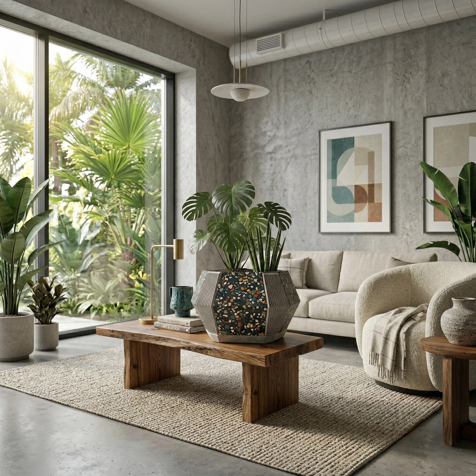 modern terrazzo concrete planter in living room interior indoor planter home decor minimalist living room decor