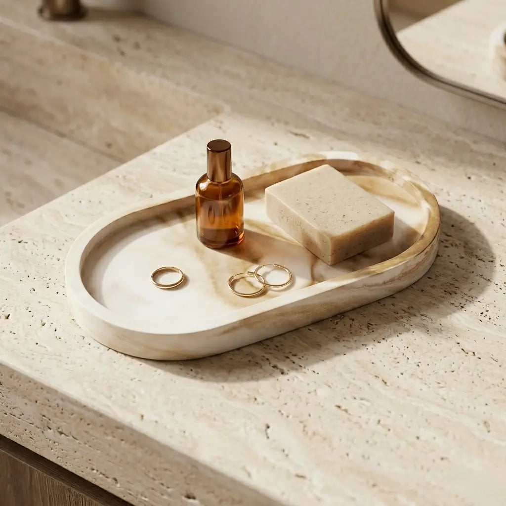 Oval marble-look bathroom vanity tray holding soap, perfume bottle and rings