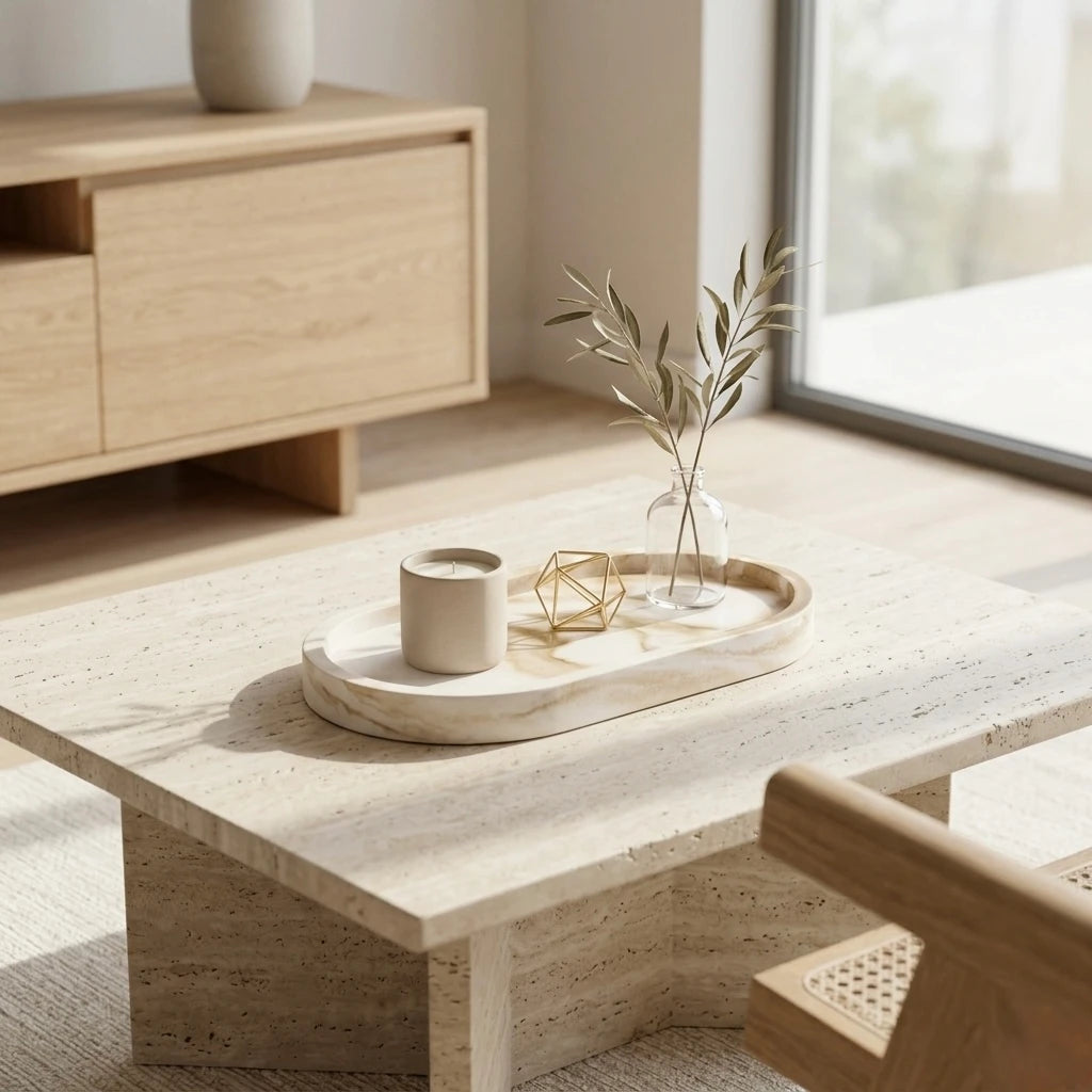 Oval stone-look decorative tray styled on a modern coffee table with candle and vase