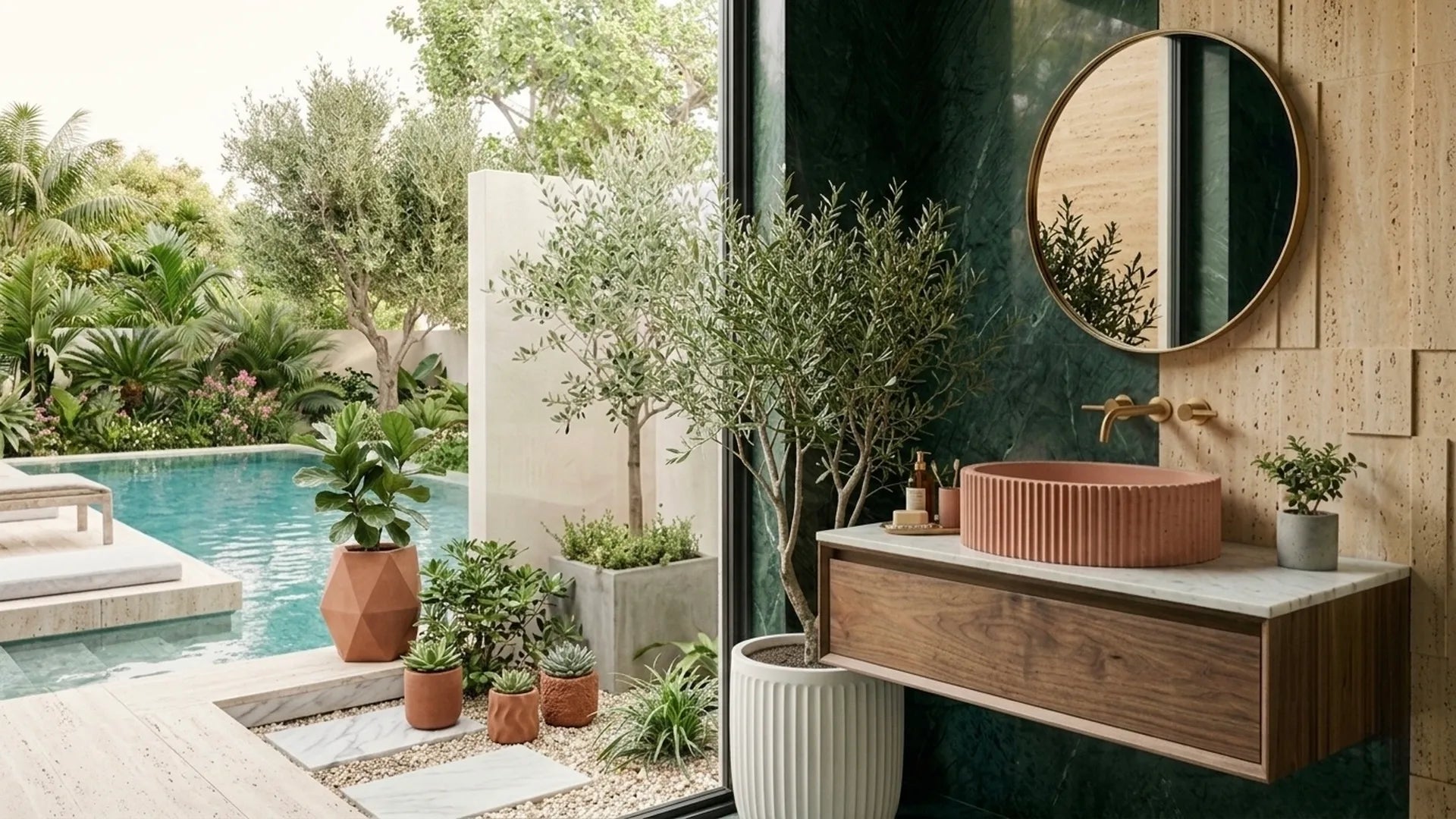 Organic modern mediterranean bathroom with concrete bathroom sink, handmade concrete planters and concrete tiles, spa style modern bathroom design - Perge Studio