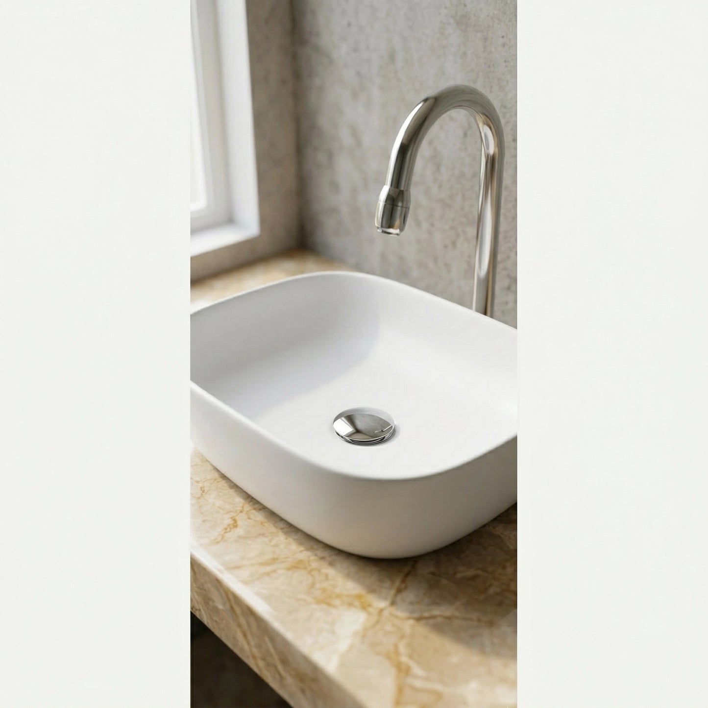 Matte white rectangular concrete vessel sink on marble countertop modern minimalist bathroom stone composite sink