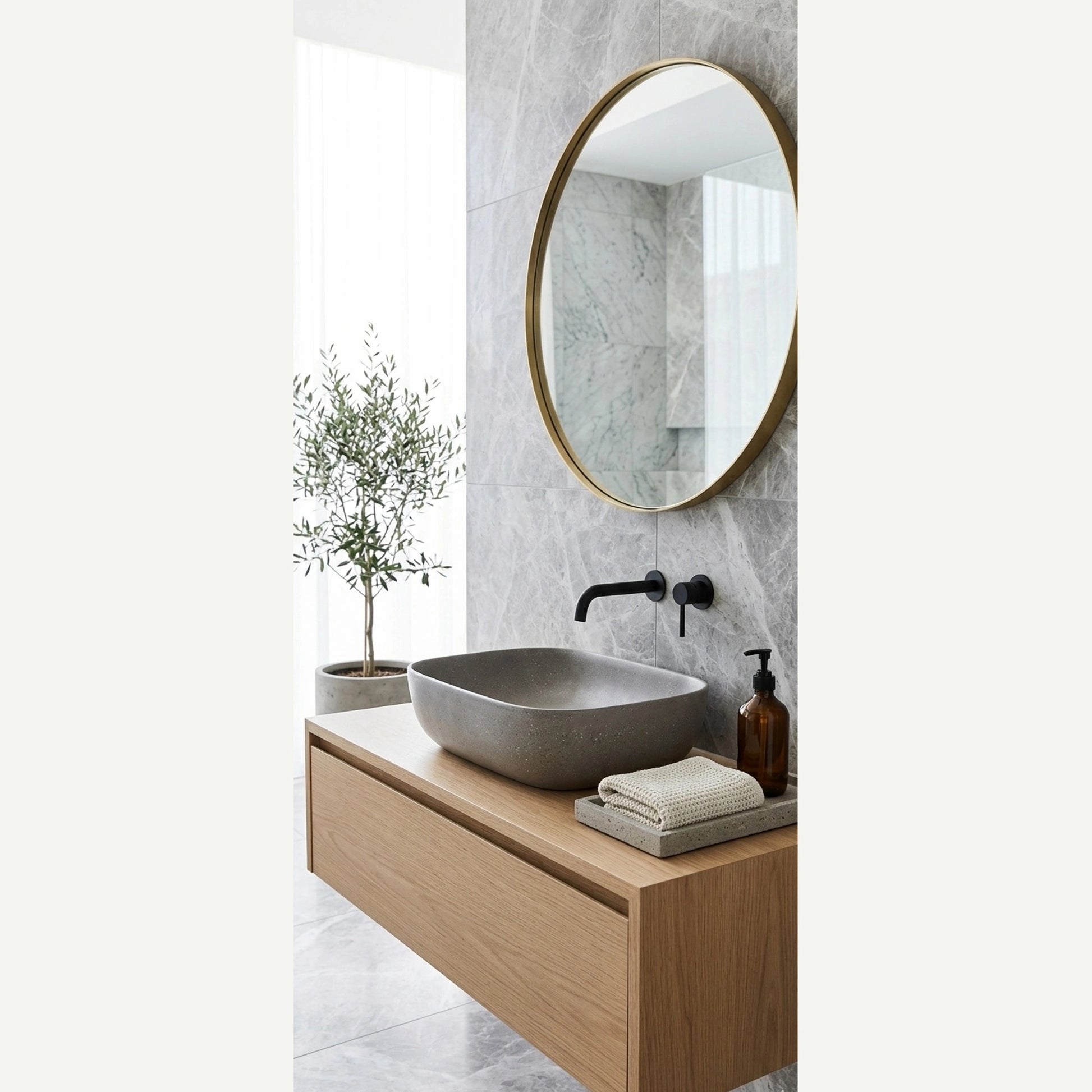 Rectangular stone composite vessel sink on wooden vanity modern minimalist bathroom interior