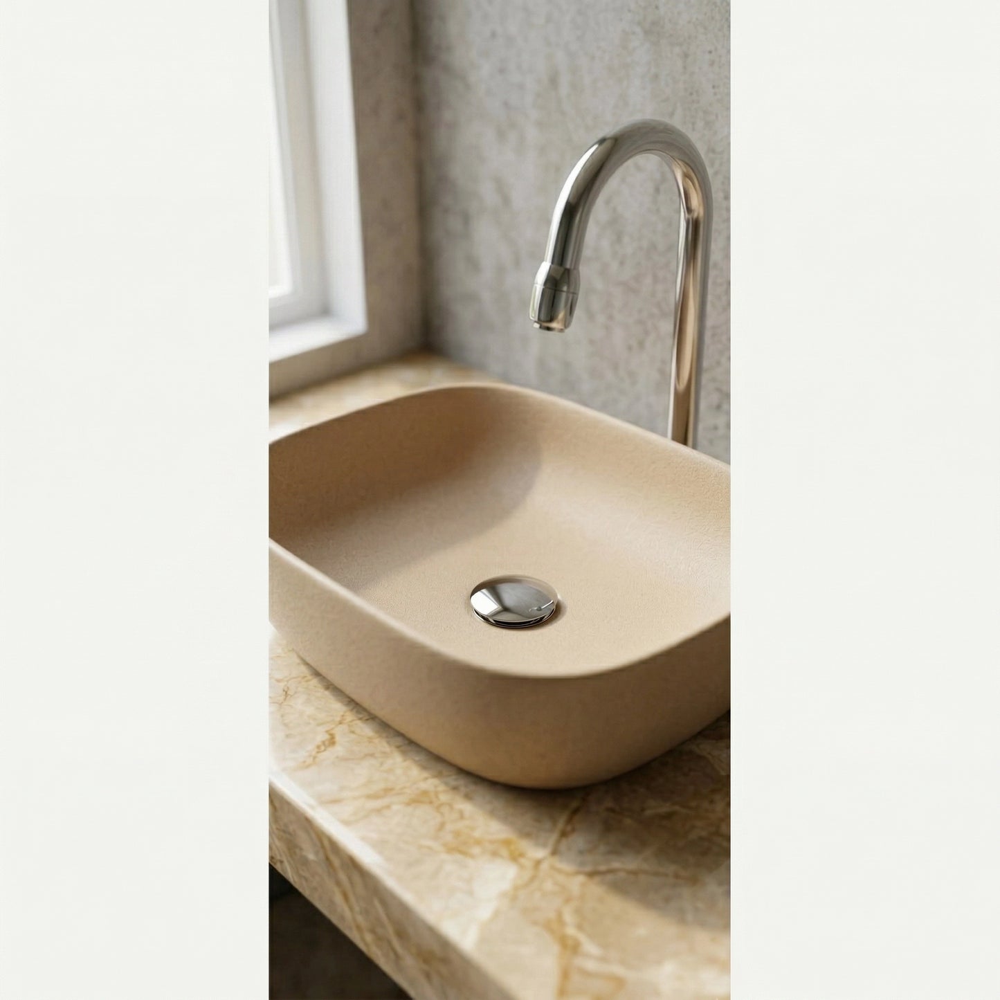 Sand beige rectangular concrete vessel sink on marble countertop modern bathroom stone composite sink