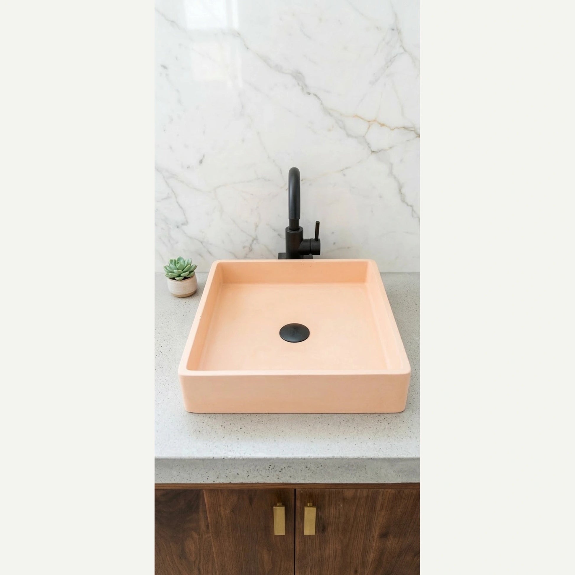 Square concrete vessel sink on bathroom countertop modern minimalist bathroom design