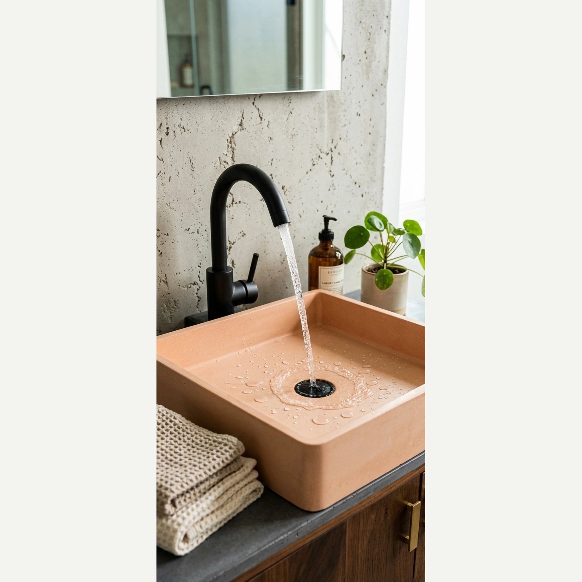 Square stone composite vessel sink with running water in modern bathroom vanity
