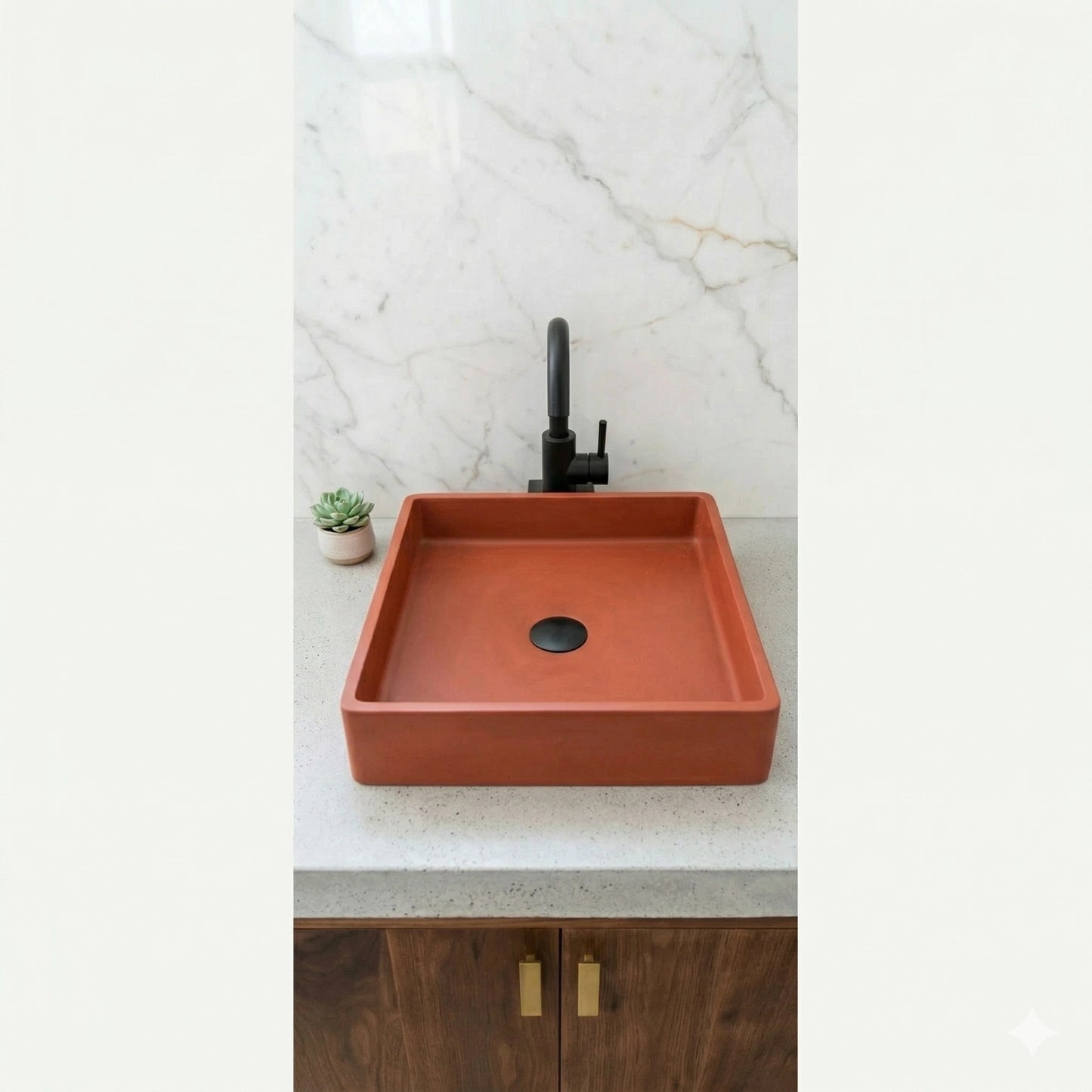 Terracotta square vessel sink made from stone composite on modern bathroom vanity
