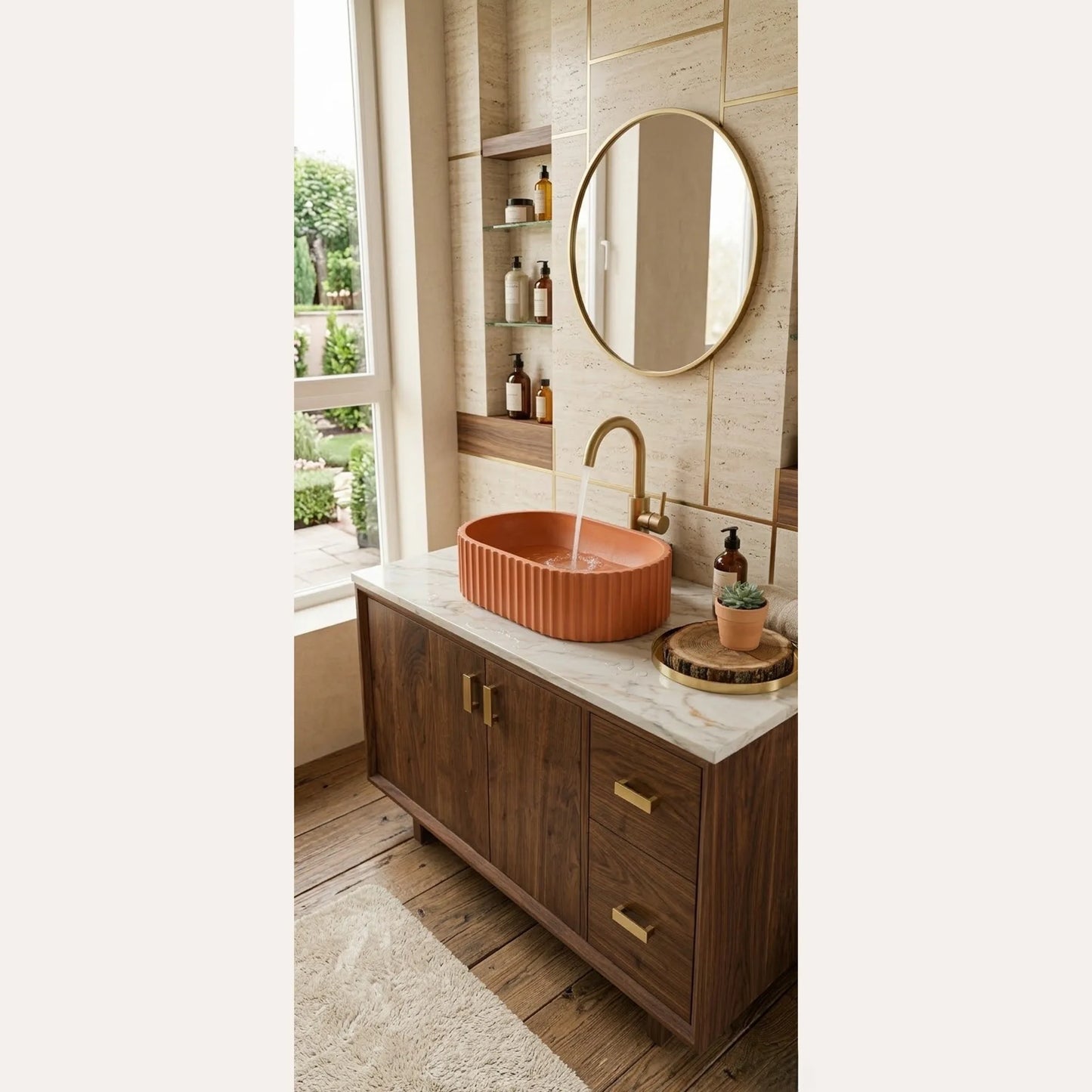 Terracotta fluted vessel sink in a modern bathroom with brass faucet and wood vanity
