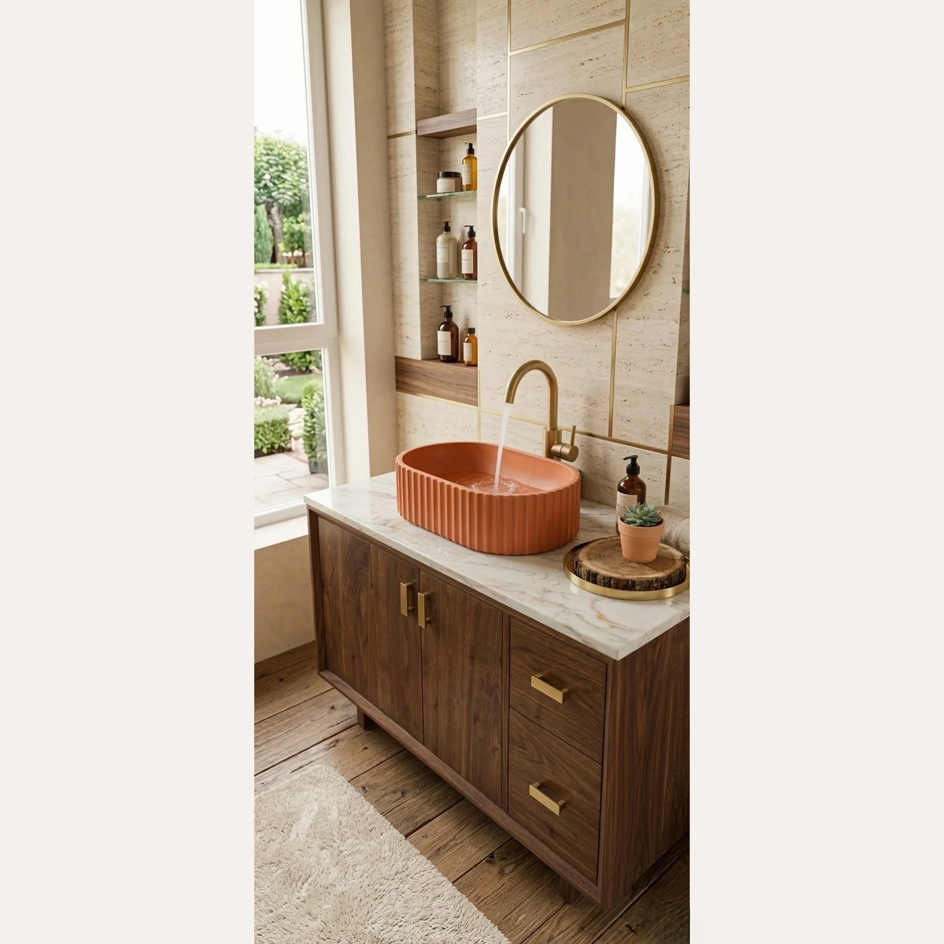 Terracotta fluted vessel sink in a modern bathroom with brass faucet and wood vanity