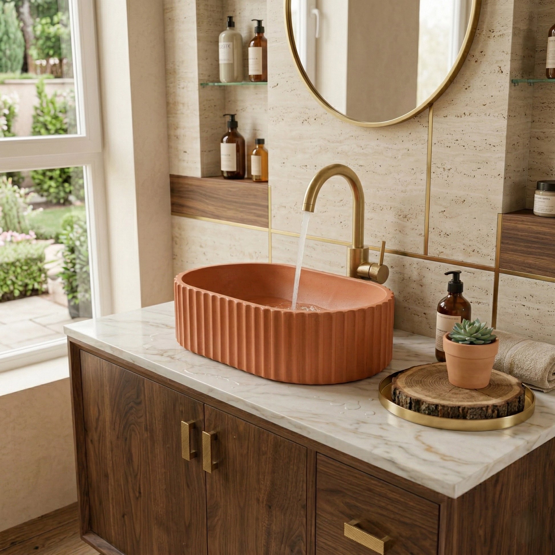 Terracotta fluted oval bathroom sink styled in a warm modern bathroom interior