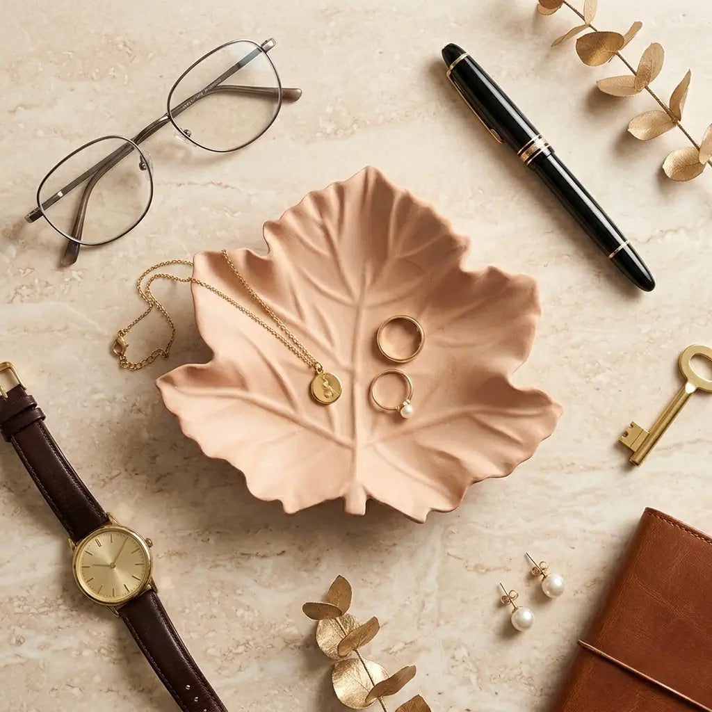 Terracotta leaf jewelry dish styled as a ring holder tray with necklace, rings, watch, keys and glasses
