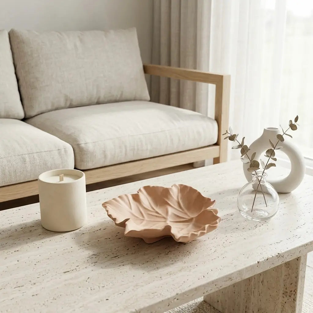 Terracotta leaf trinket dish used as decorative coffee table decor in a neutral living room