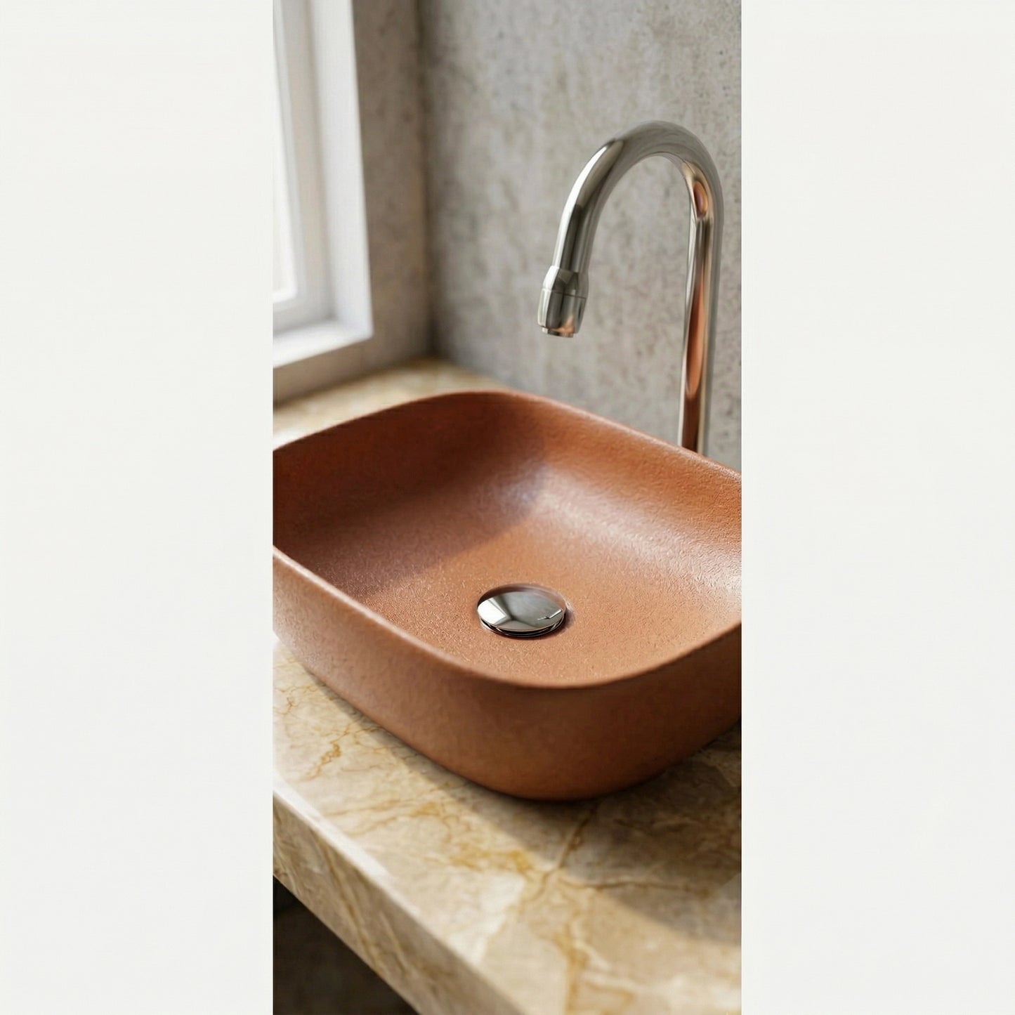 Terracotta rectangular concrete vessel sink on marble countertop modern bathroom stone composite sink